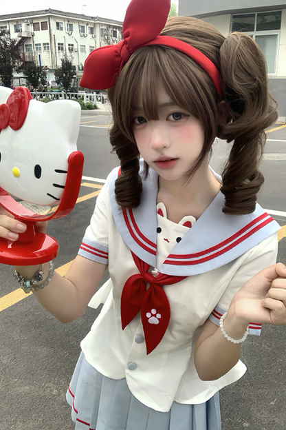 Hauts de marin pour fille anime chat + jupe + ruban
