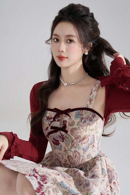 Retro Breeze Fragrance Dress + Short Cardigan