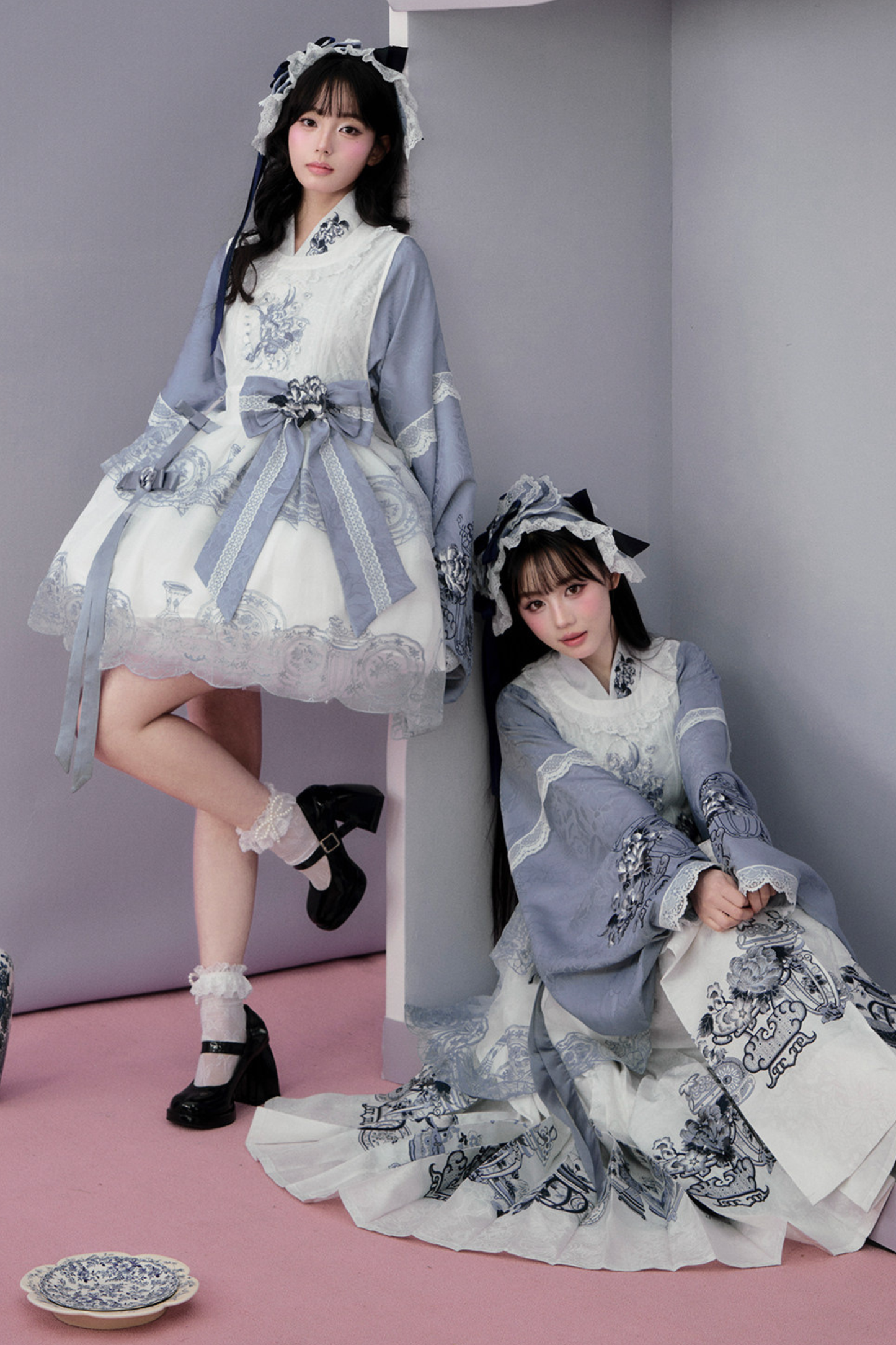 귀여운 차이나 재킷 + 스커트 + 오버스커트 + 리본 + 브로치 + 헤어밴드