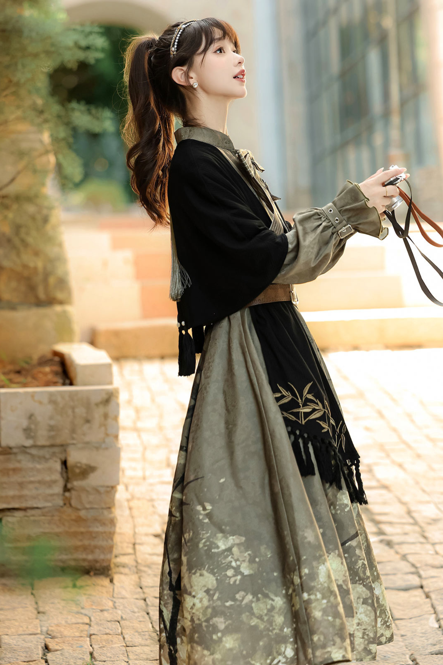 Chic Dark China Print Dress + Shawl