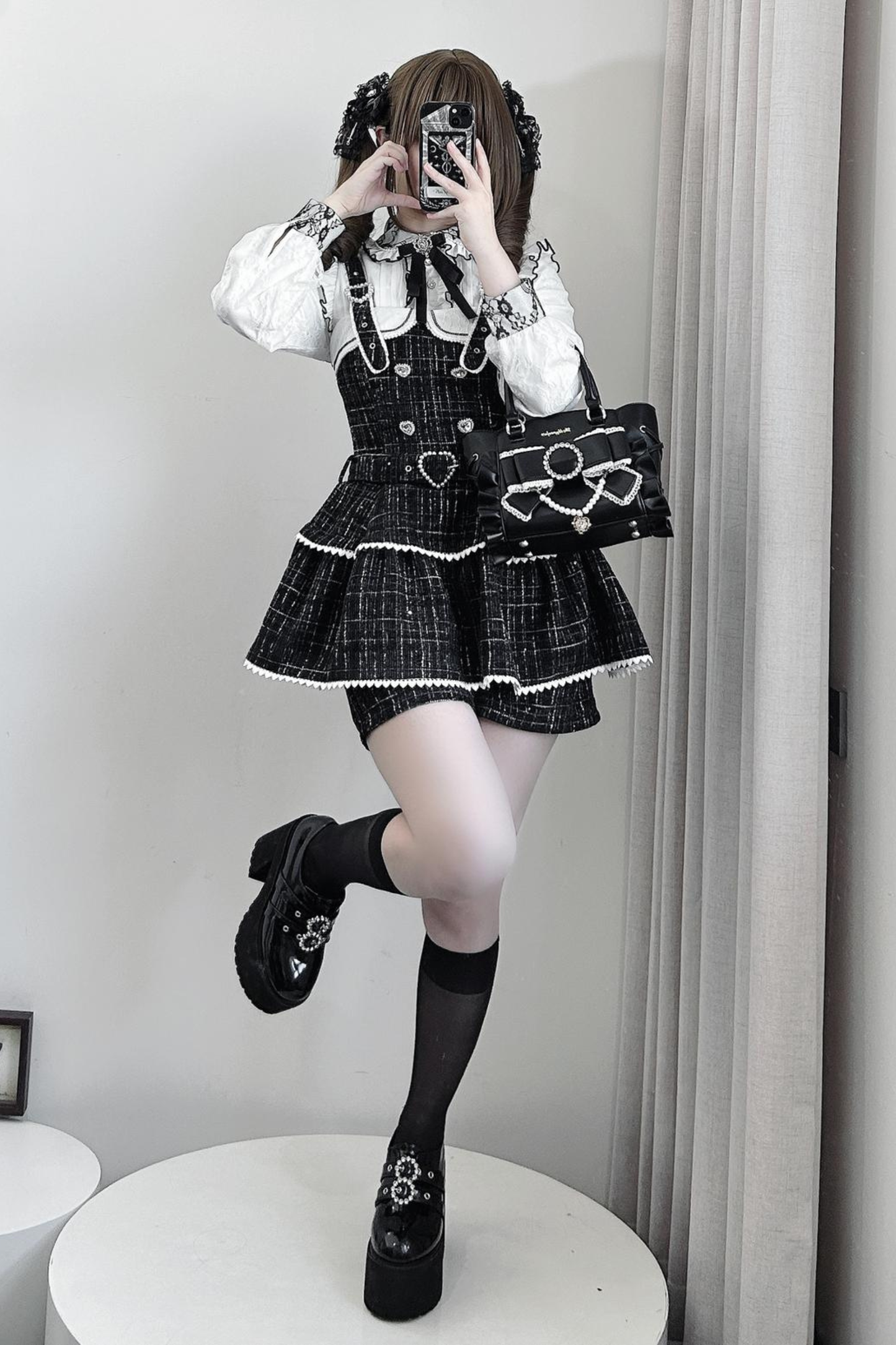 Check Design Suspender Skirt + Pants