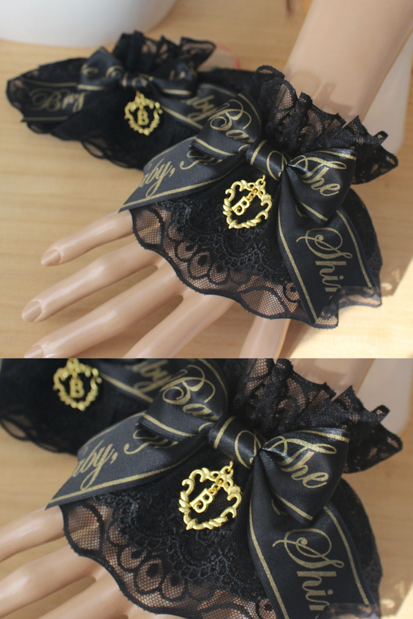 ブラックゴールドロリータヘッドバンド+リボンカチューシャ+チョーカー+ハットベール+スリーブ