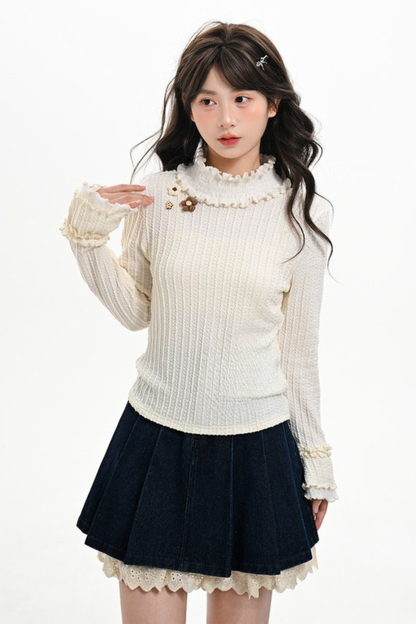 レースフリルハイネックトップス
