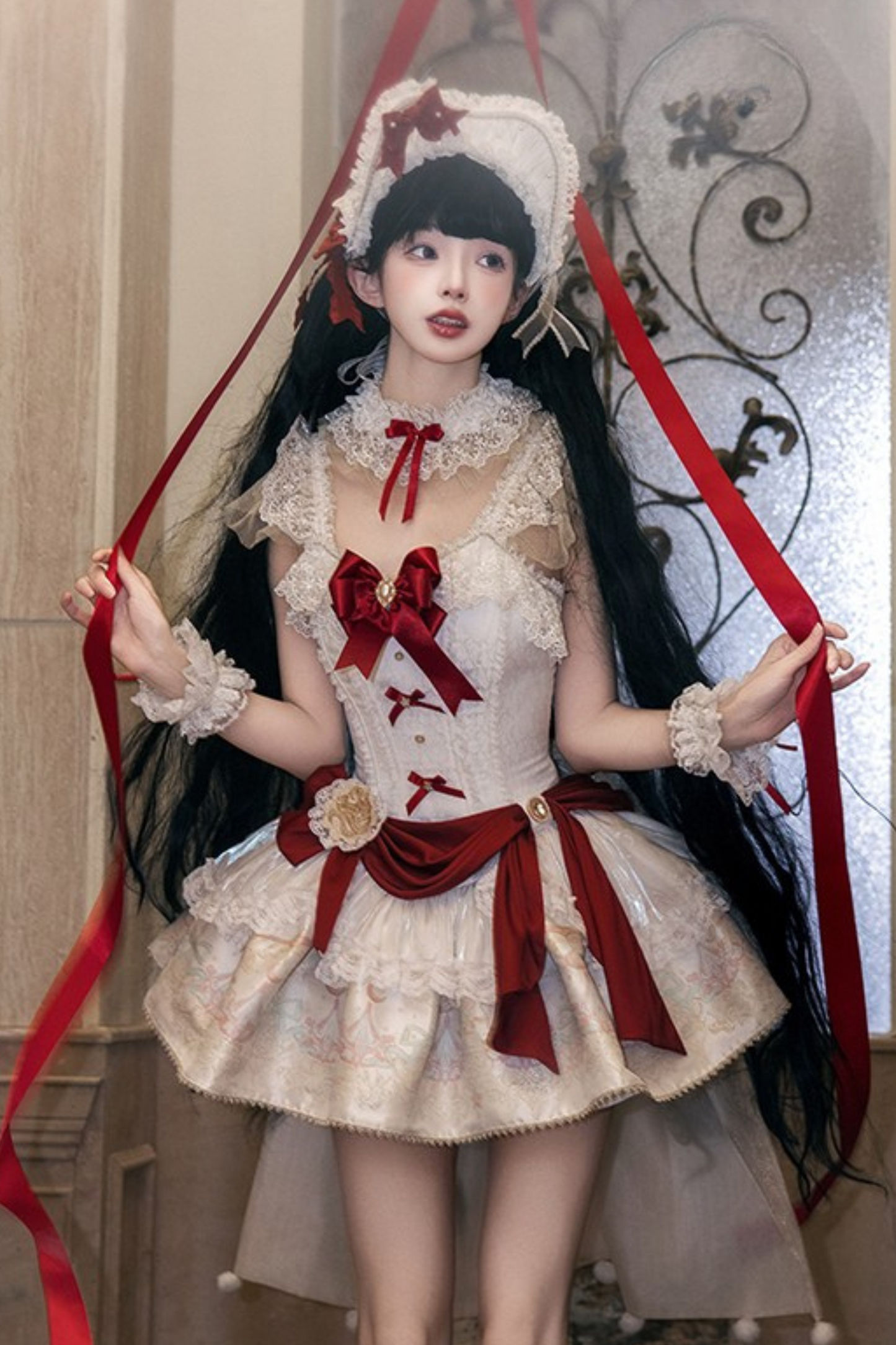 白雪プリンセスロリータドレス+ボンネット+レースチョーカー