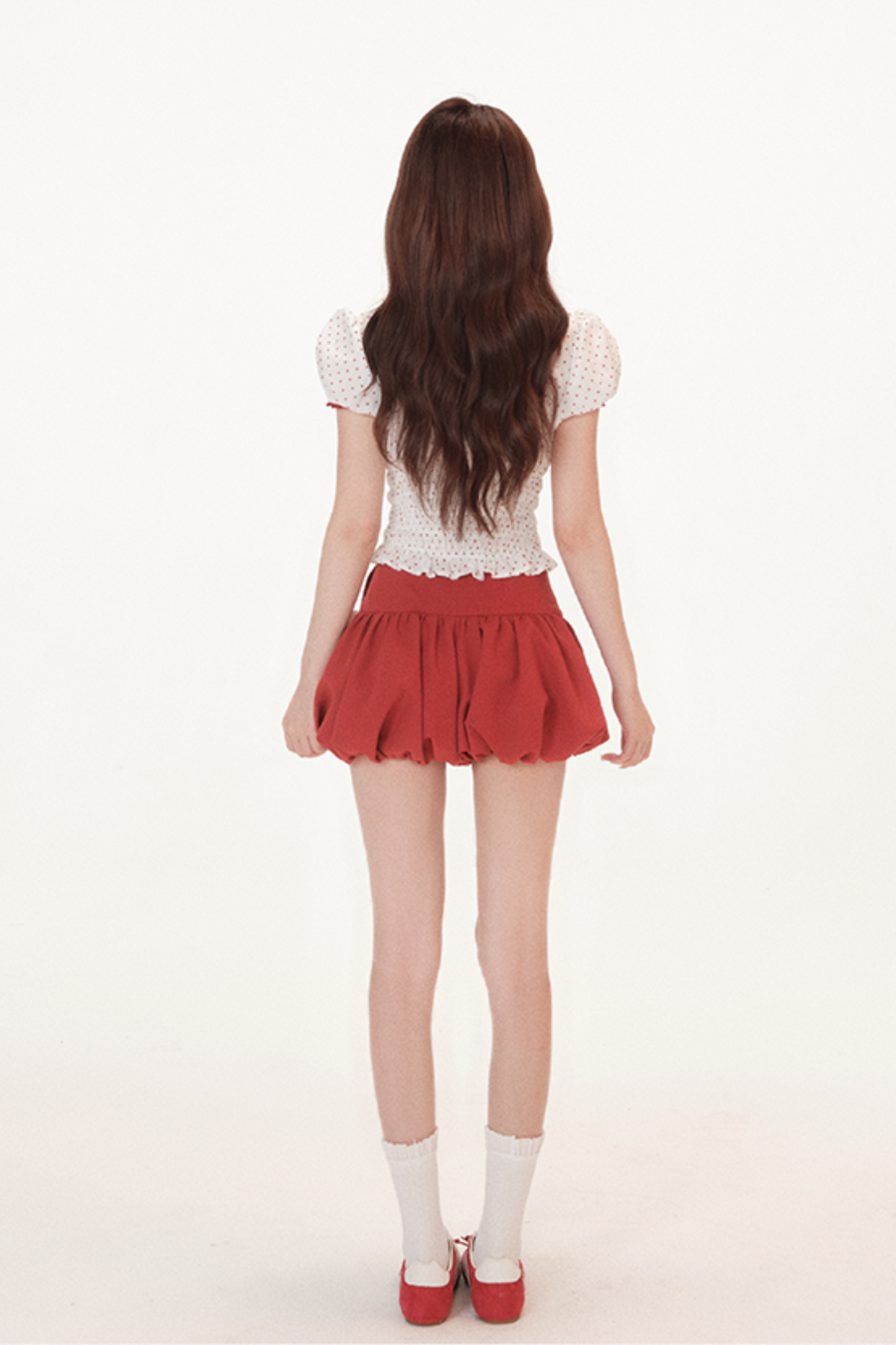 ドットパフスリーブドールシャツ+リボンバルーンスカートパンツ