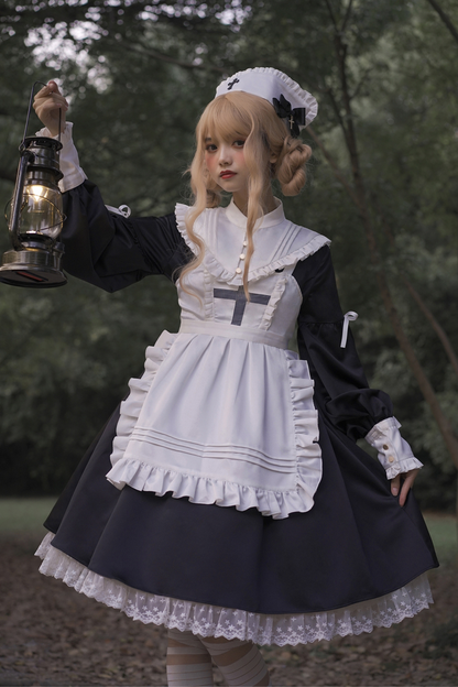 ランタンエンジェルメイドロリータドレス＋エプロン＋つけ襟