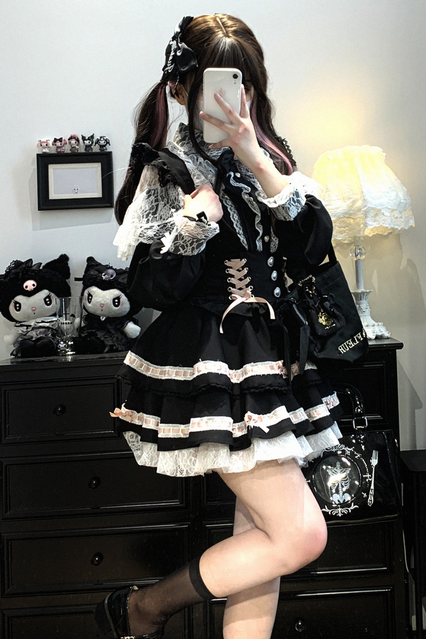 [Pre-order item] Frilled Ribbon Lace-up Suspender Skirt