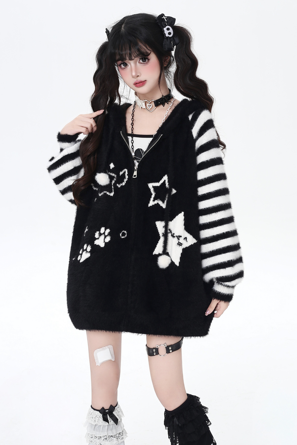 Star Line Striped Hooded Knit Cardigan
