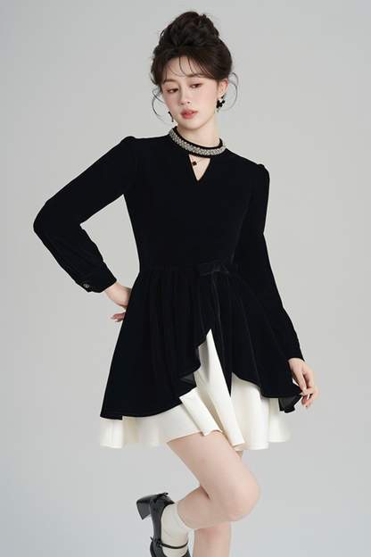 フレンチブラックベルベットラフルドレス