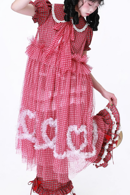 Retro Heart Mesh Plaid Skirt