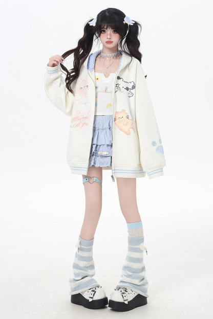 Animal Illustration Loose Zip Hoodie