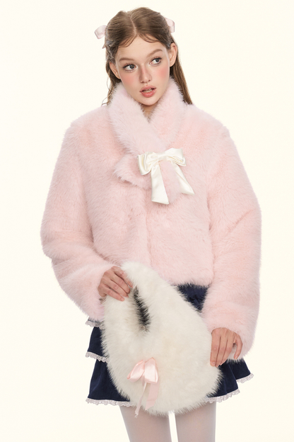 Sweet fur short coat + ribbon scarf