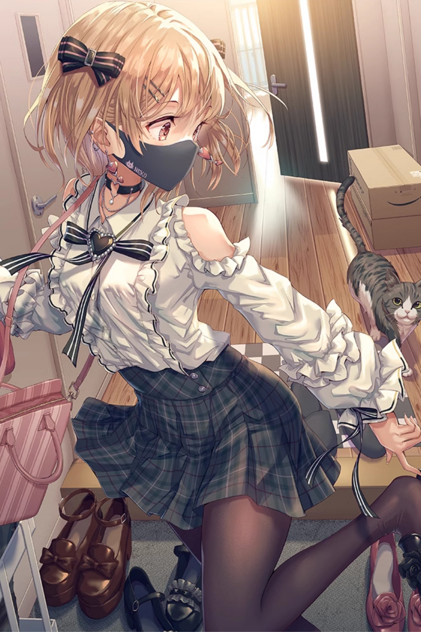 フリルオフショルダーシャツ+チェックスカート+リボン