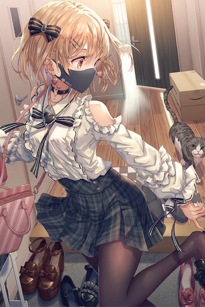 フリルオフショルダーシャツ+チェックスカート+リボン