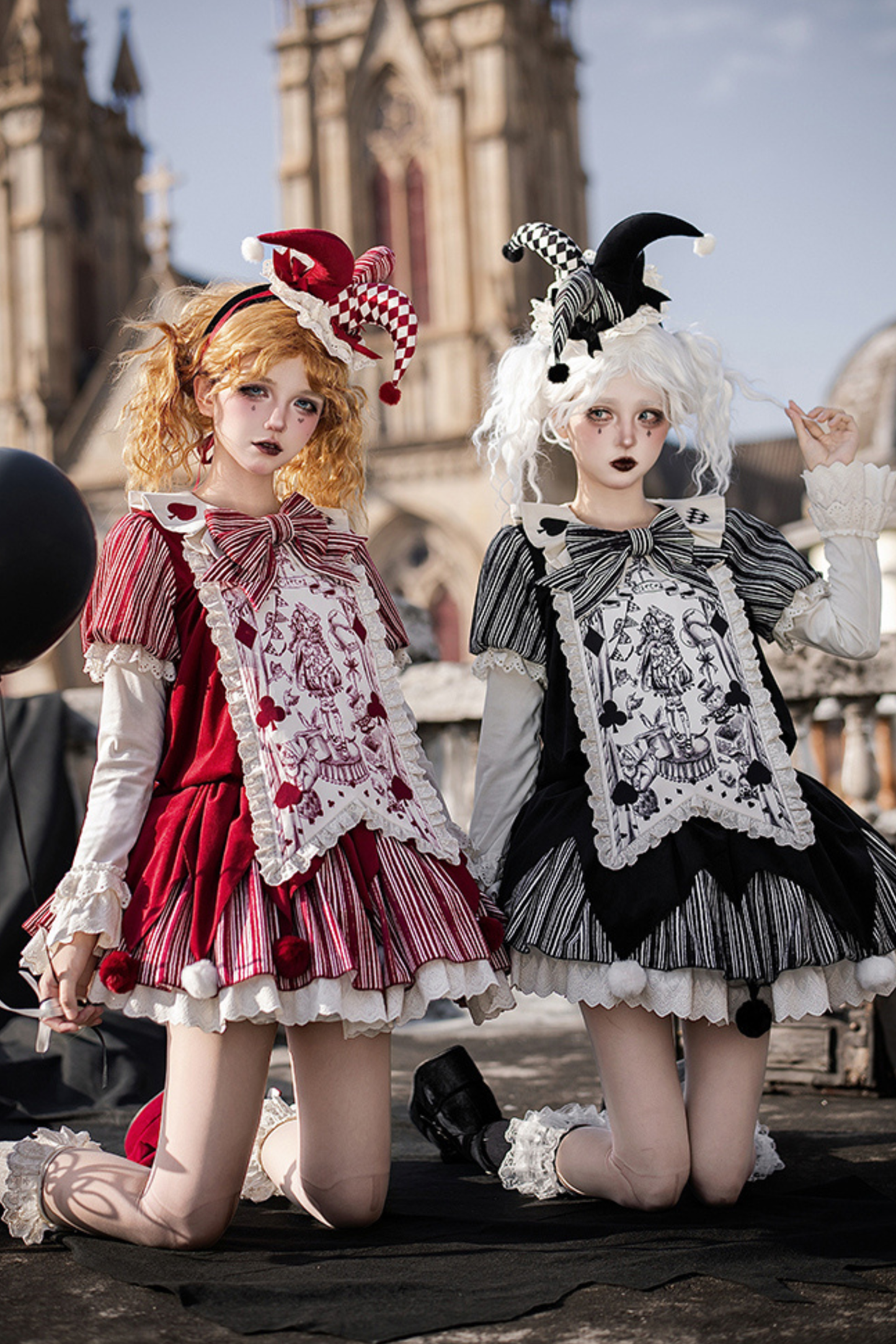 ドールサーカスピエロロリータドレス+カチューシャ+ベルト+リボン+カチューシャ+バッフル