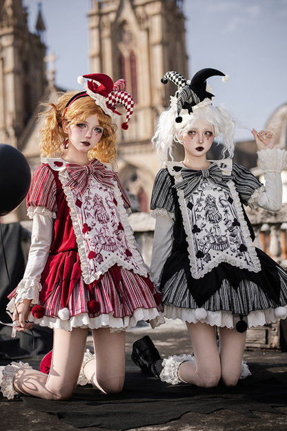 ドールサーカスピエロロリータドレス+カチューシャ+ベルト+リボン+カチューシャ+バッフル