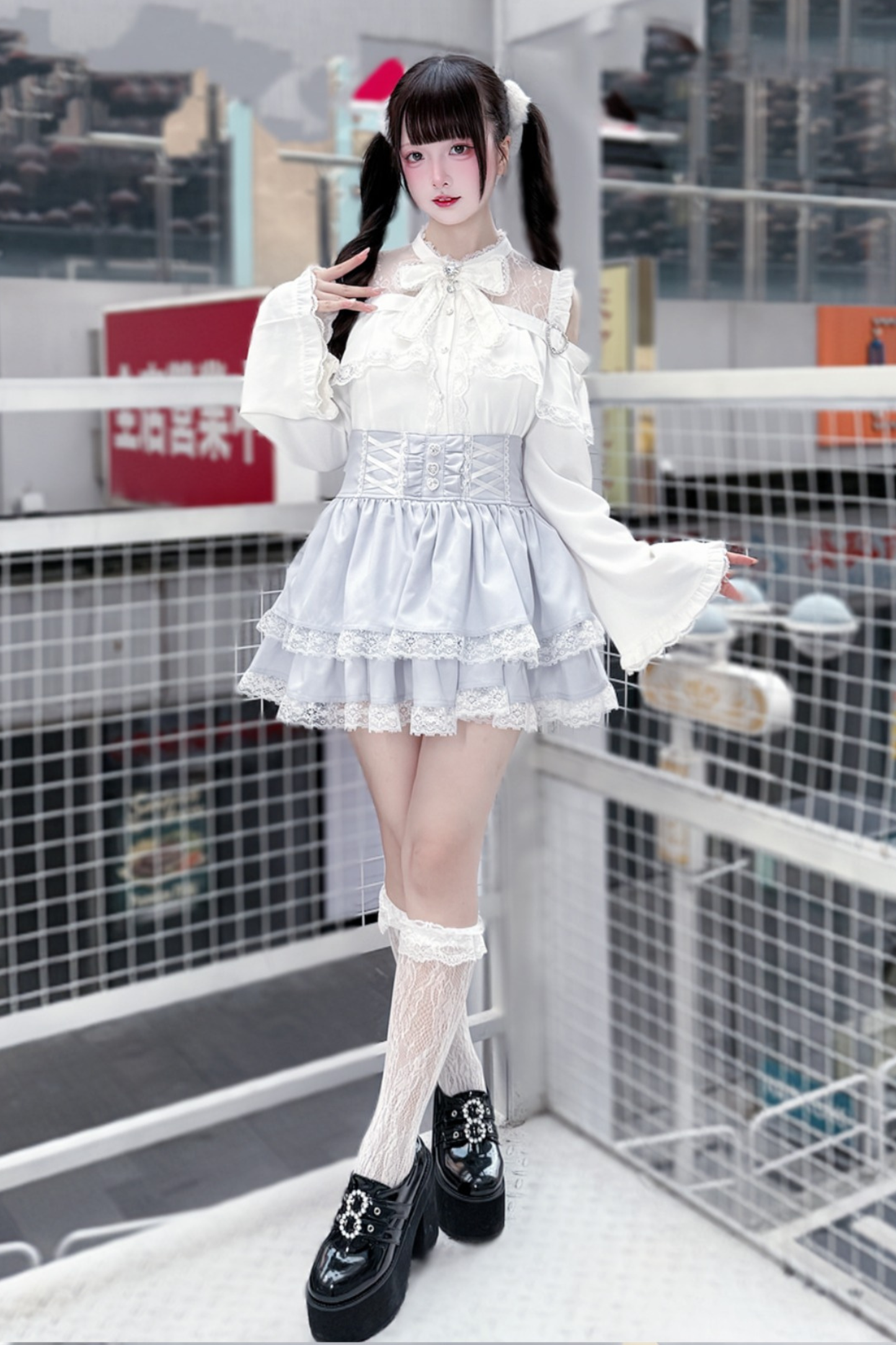 Lace off-the-shoulder shirt + lace-up skirt