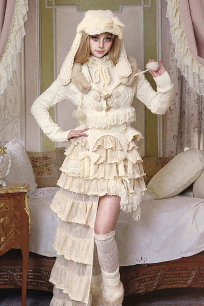 ファーフードケーブルニットカーディガン+ファーハット