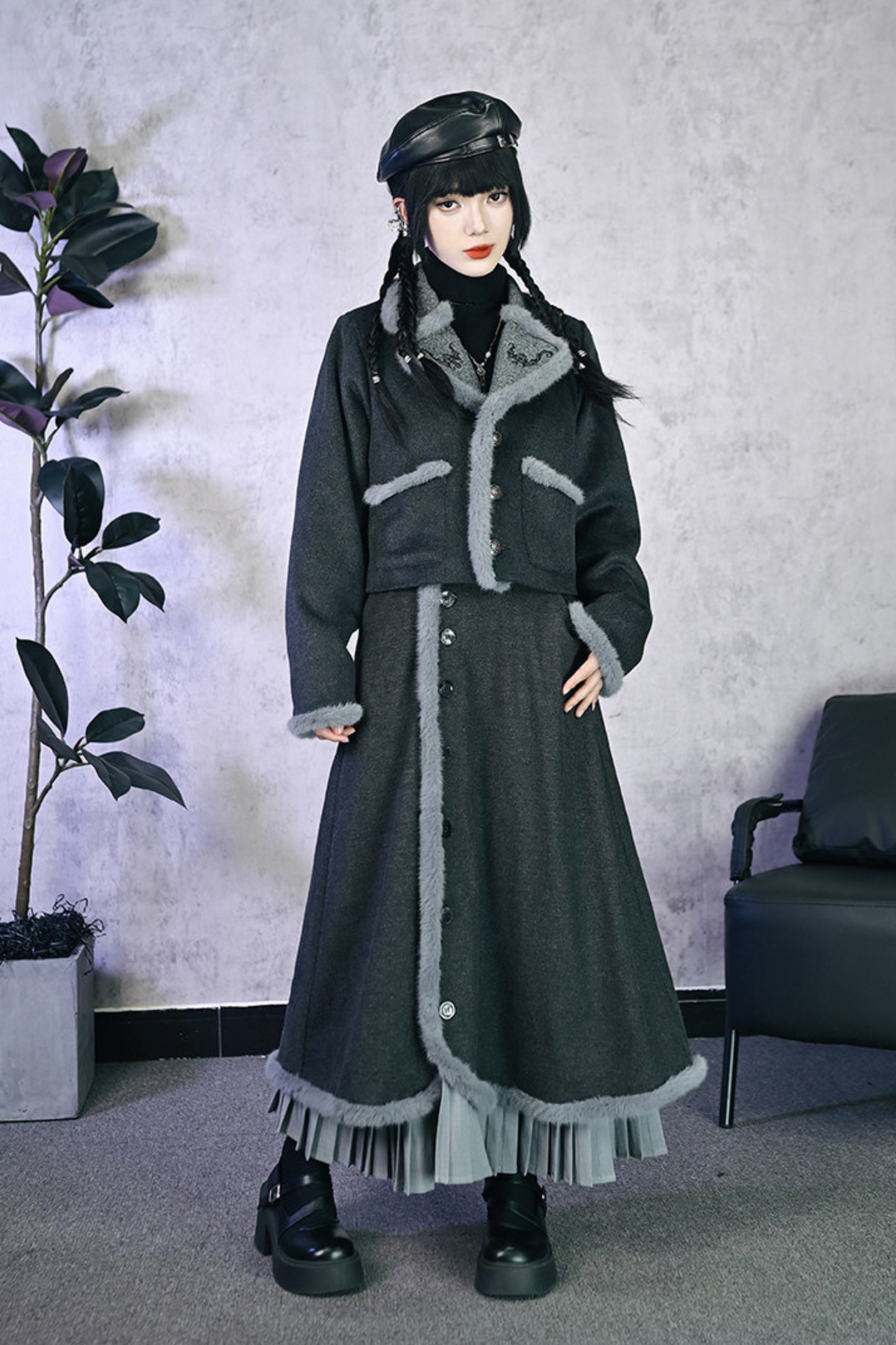 Retro mode fur short jacket + skirt