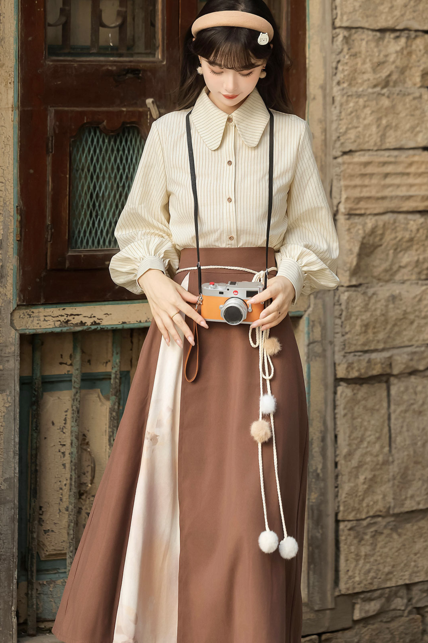 レトロキャットベスト+トップス+スカート