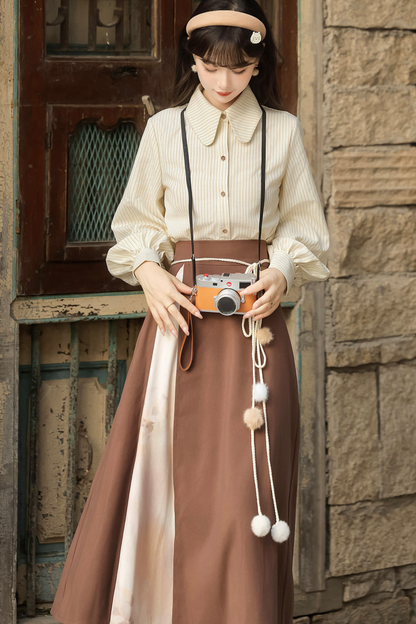 レトロキャットベスト+トップス+スカート