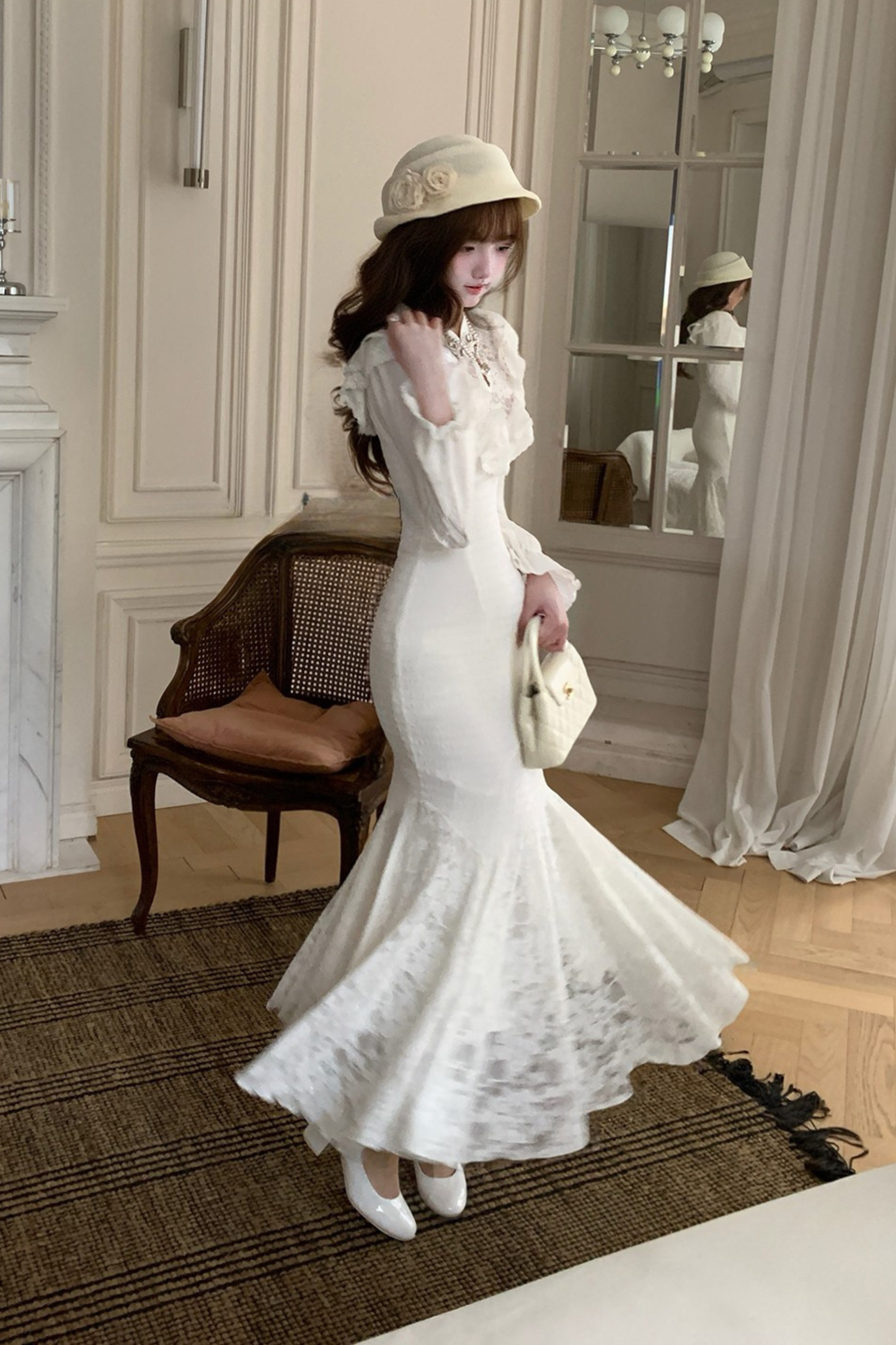 パフスリーブニットレースワンピース