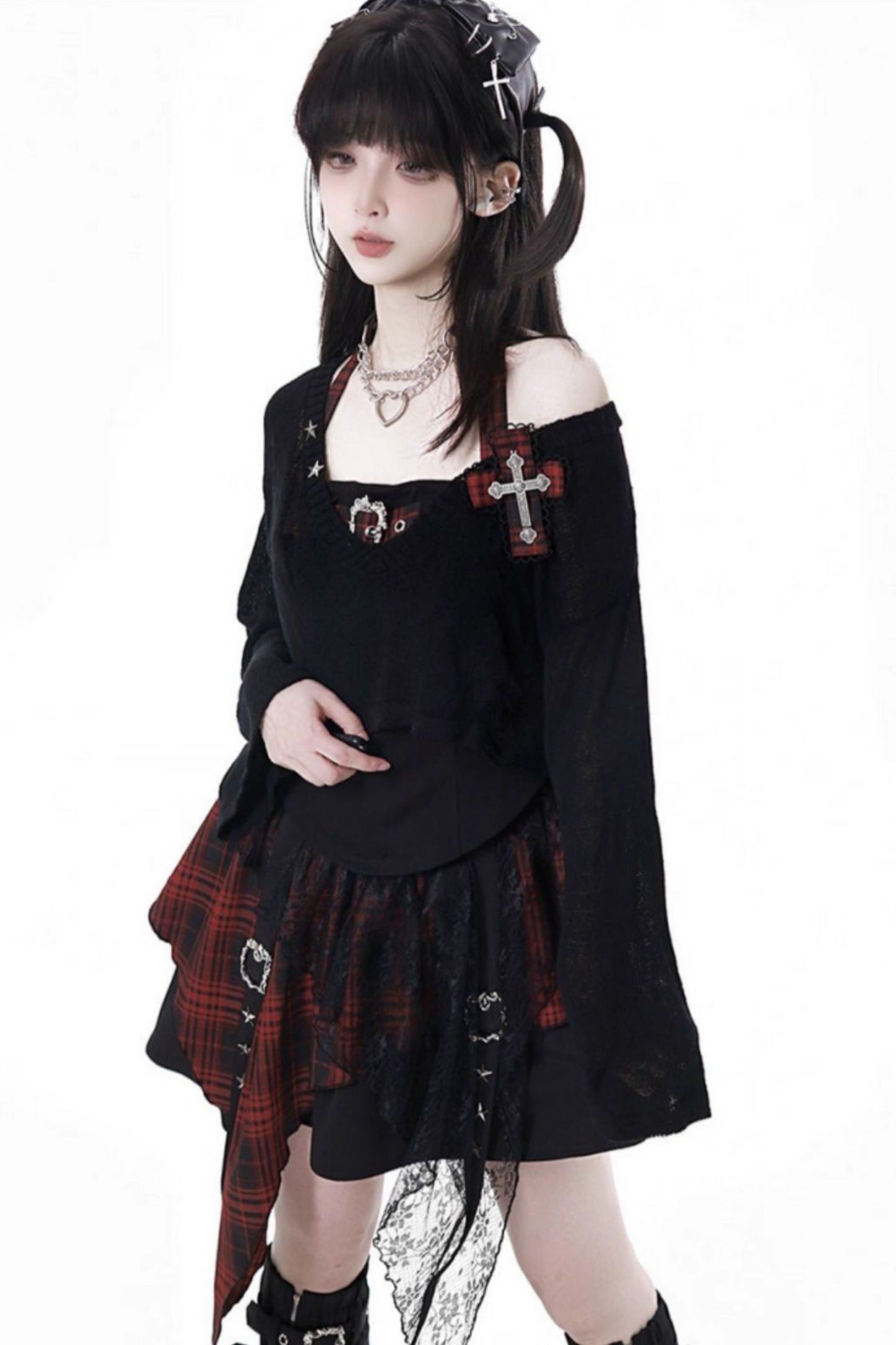 ホルターネックベスト+ルーズトップス+チェックスカート+レッグウォーマー