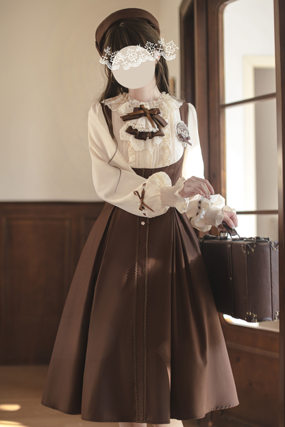 フレンチブラウンヴィンテージロリータドレス+ケープ+ベレー帽+バッジ