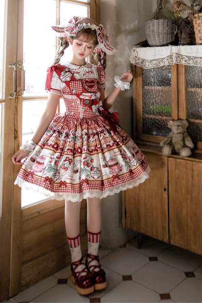 [Vorbestellung bis 14. März] Castle-Strawberry-Süß-Lolita-Hosenträgerrock + Oberteil + Unterhemd + Stirnband + Band