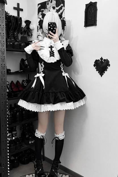Lace-up ribbon Lolita dress + brooch + hair clip