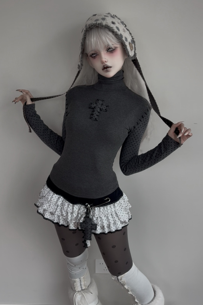 クロスドットタートルネックトップス+スカート+ペンダント