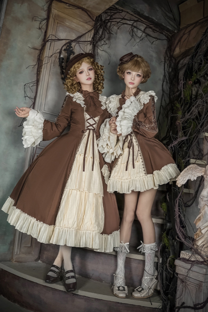 レーススタンドカラーフレアスリーブツインドールロリータドレス+カラー+ハット