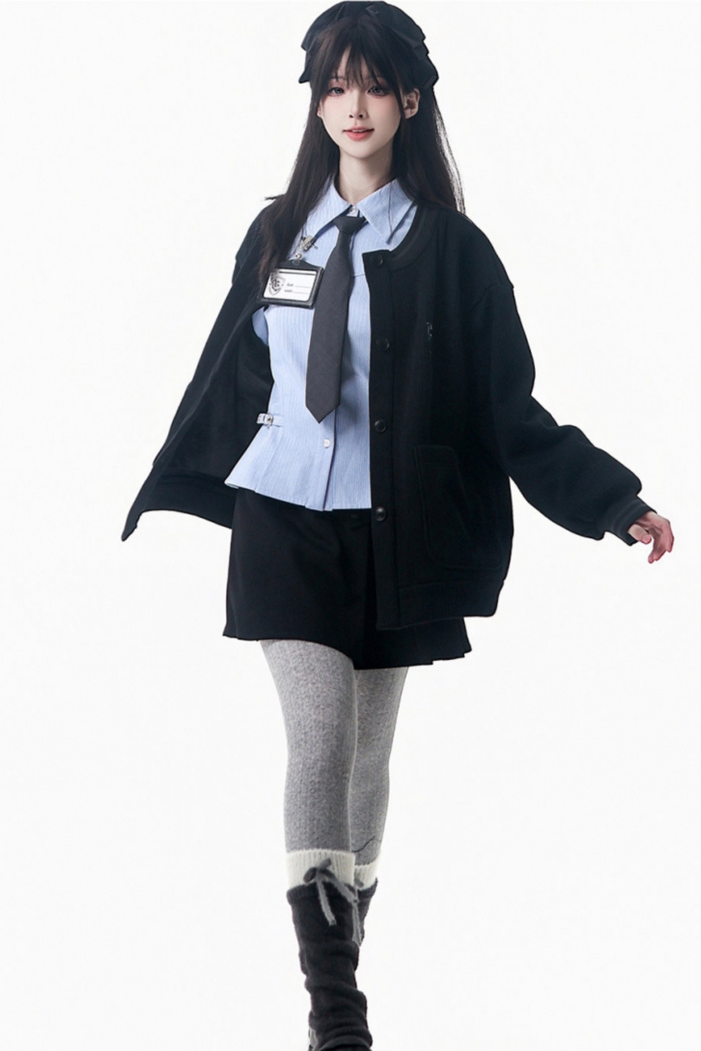 カレッジブルーシャツ+カーディガン+ショートスカート+ロングスカート