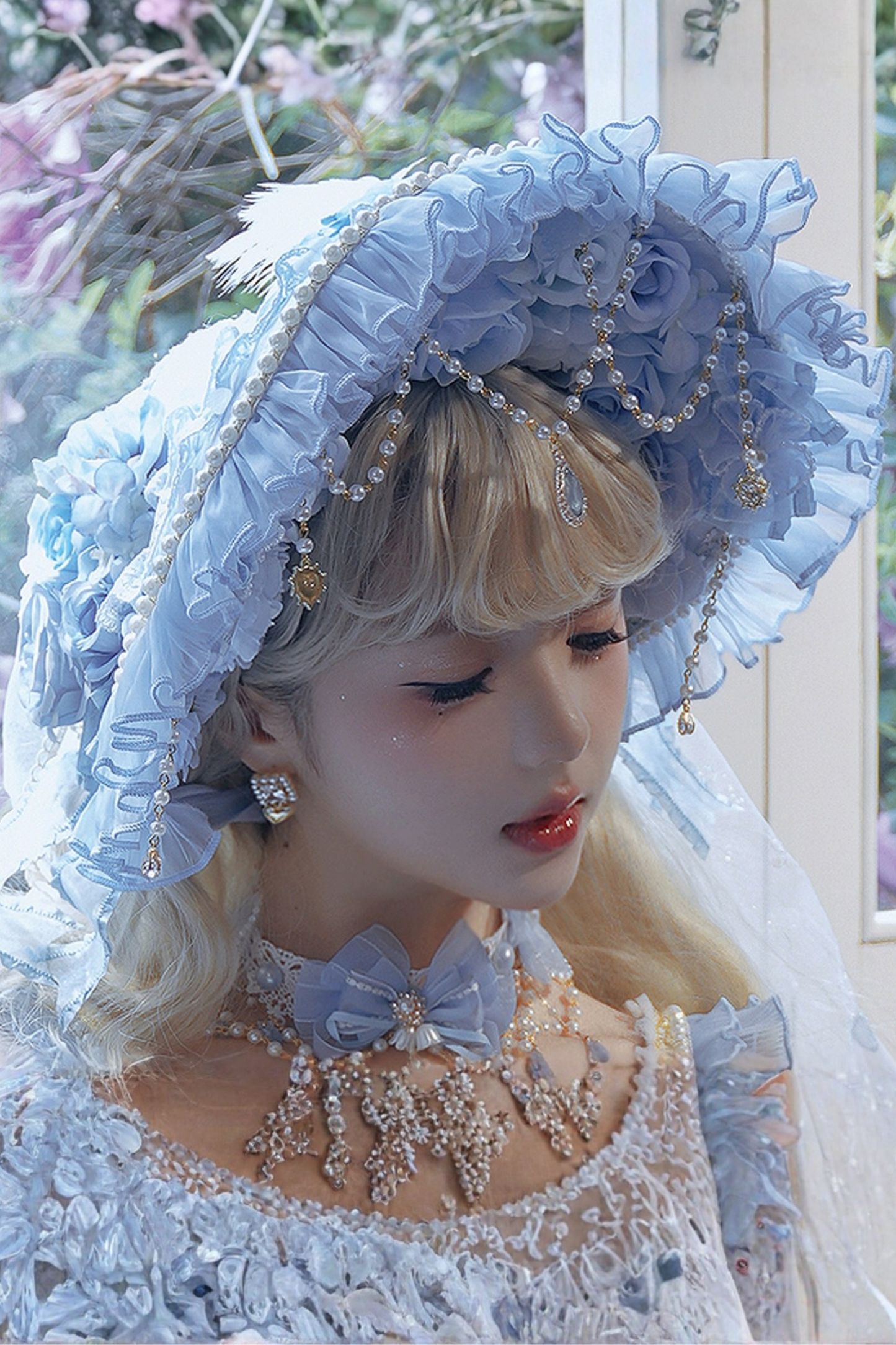 アイスブループリンセスロリータハット+ネックレス+グローブ+セプター