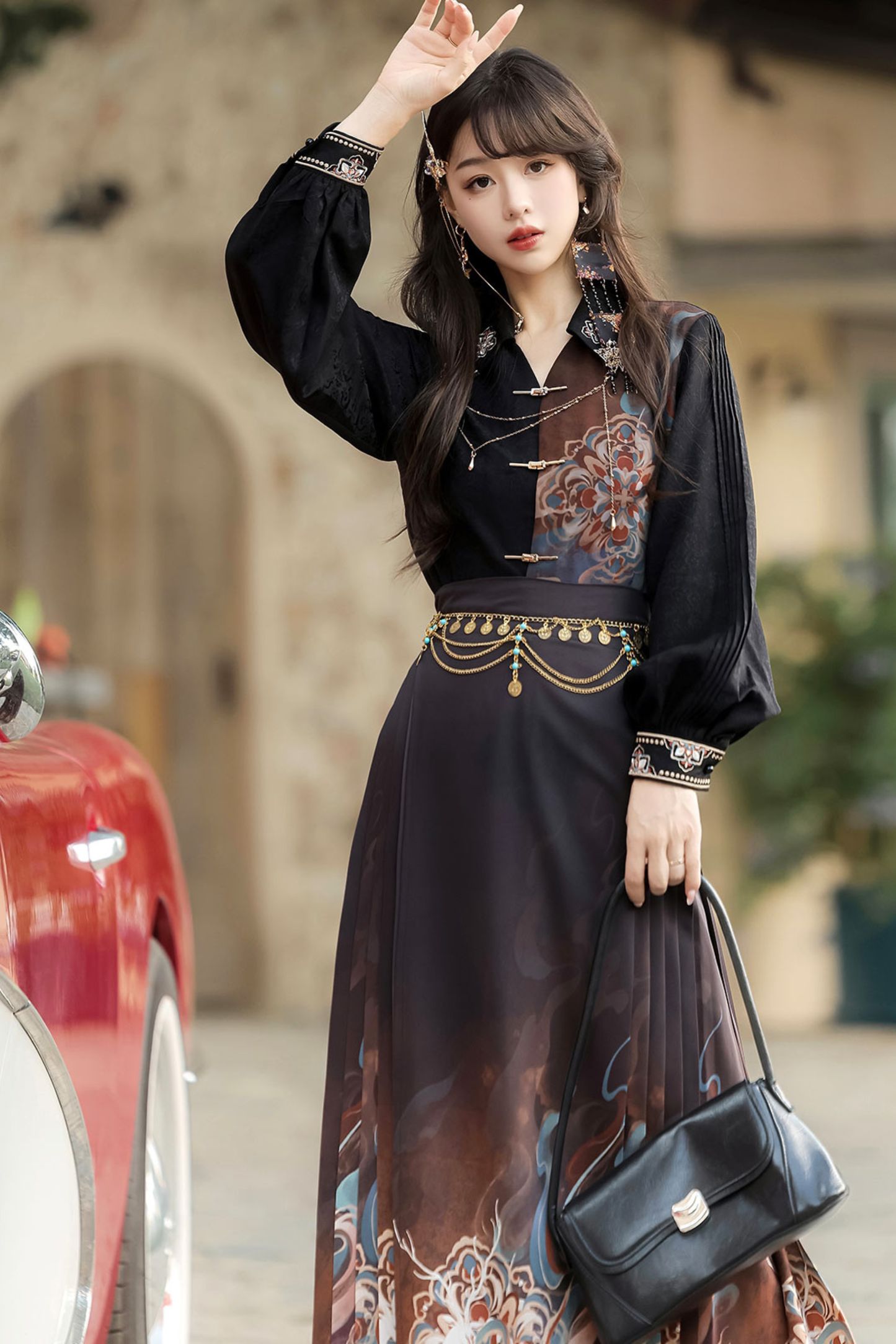 Dark chic retro top + long skirt