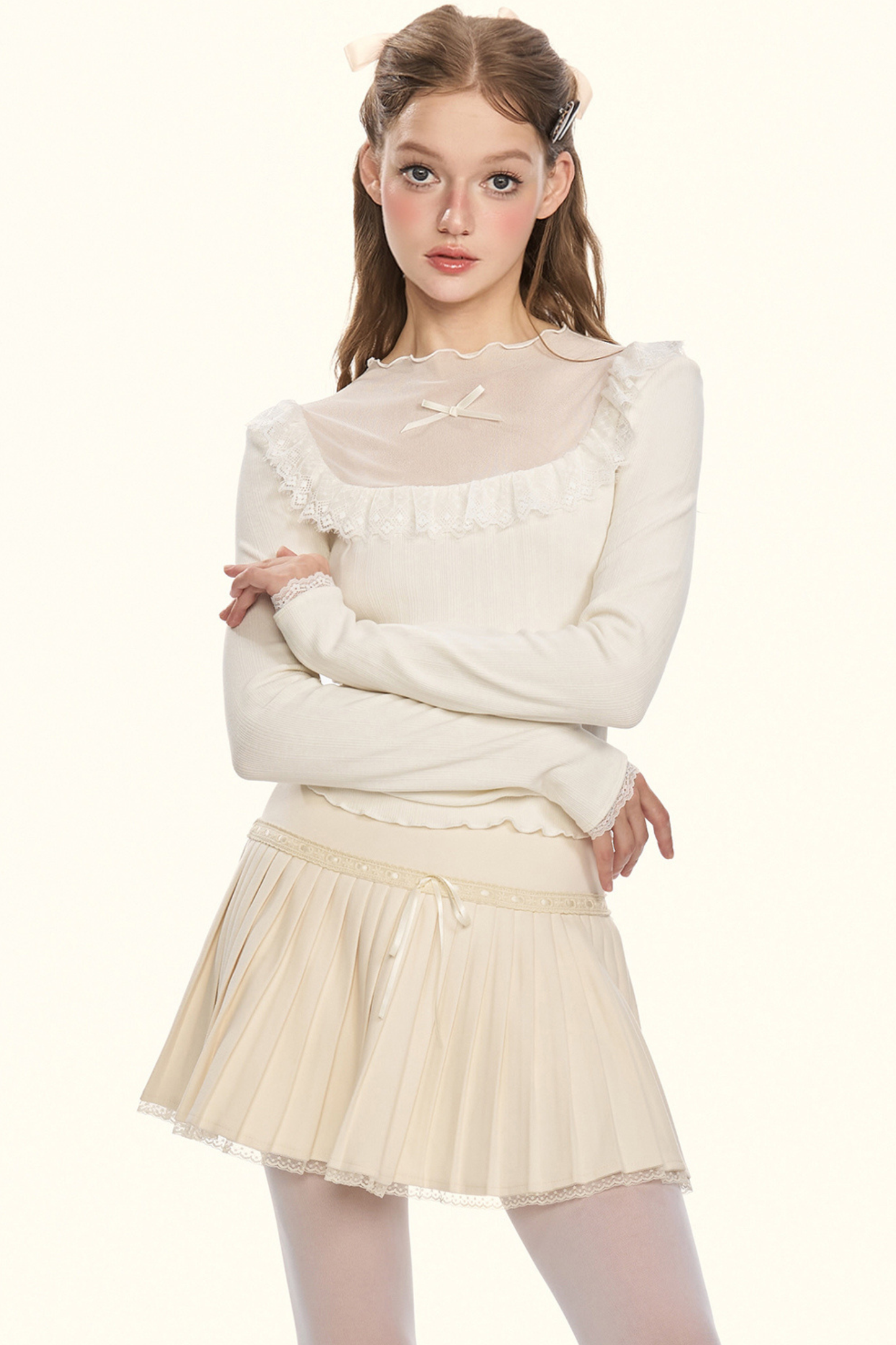 シアーリボンドールカラータイトトップス