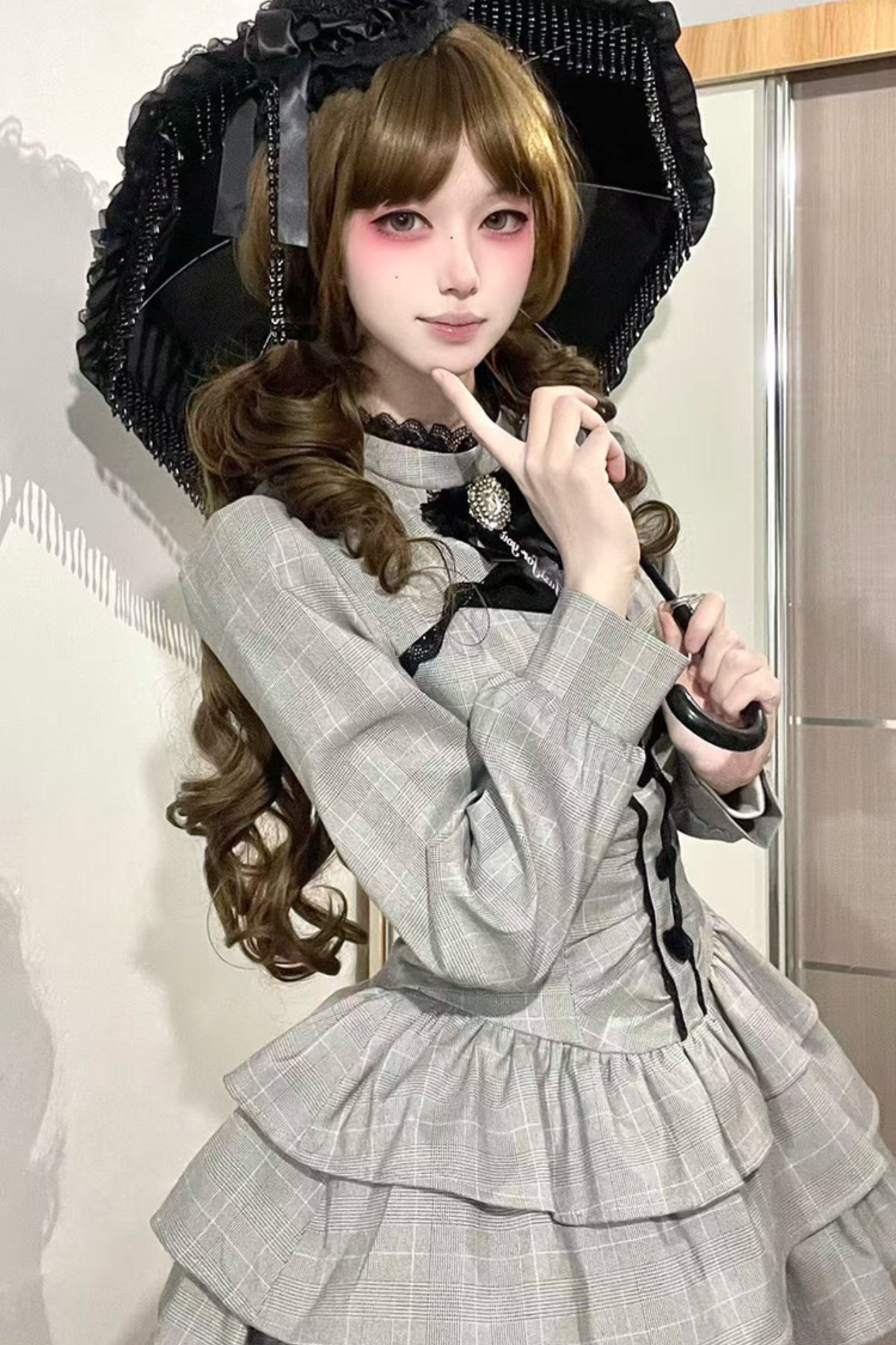 Check High Neck Puff Sleeve Dress