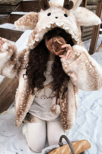 鹿柄フード付きホーンバックルファーコート