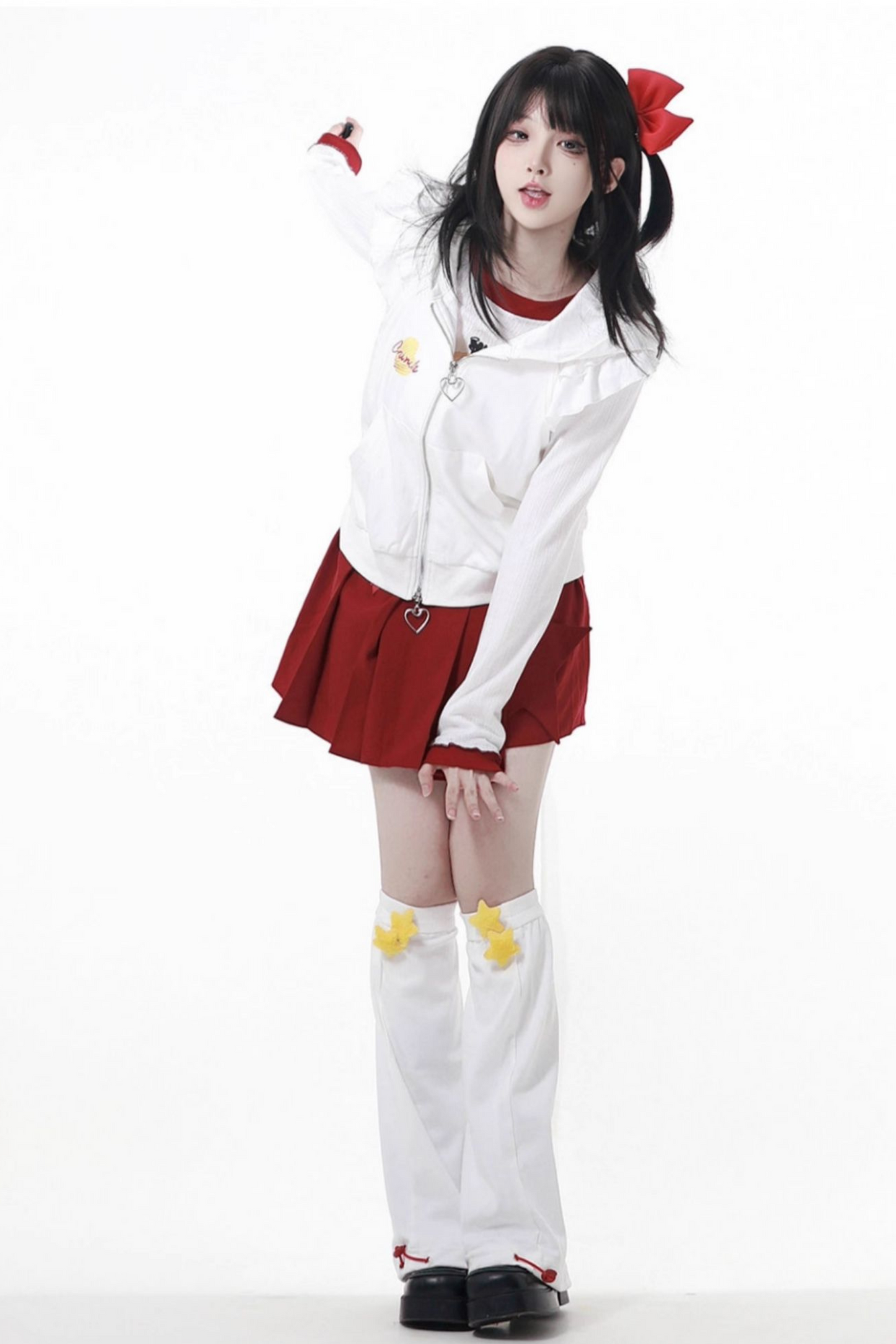 スナックガールフードベスト+トップス+プリーツスカート+レッグウォーマー