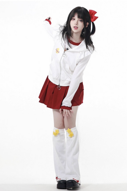 スナックガールフードベスト+トップス+プリーツスカート+レッグウォーマー