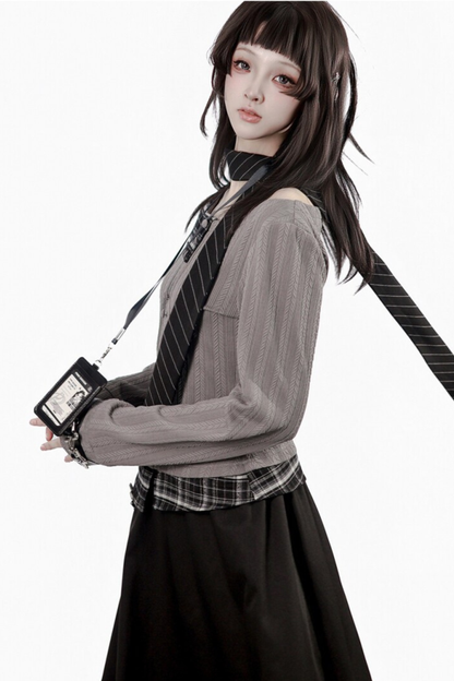 Y2K Dark Top + Flare Skirt + Scarf