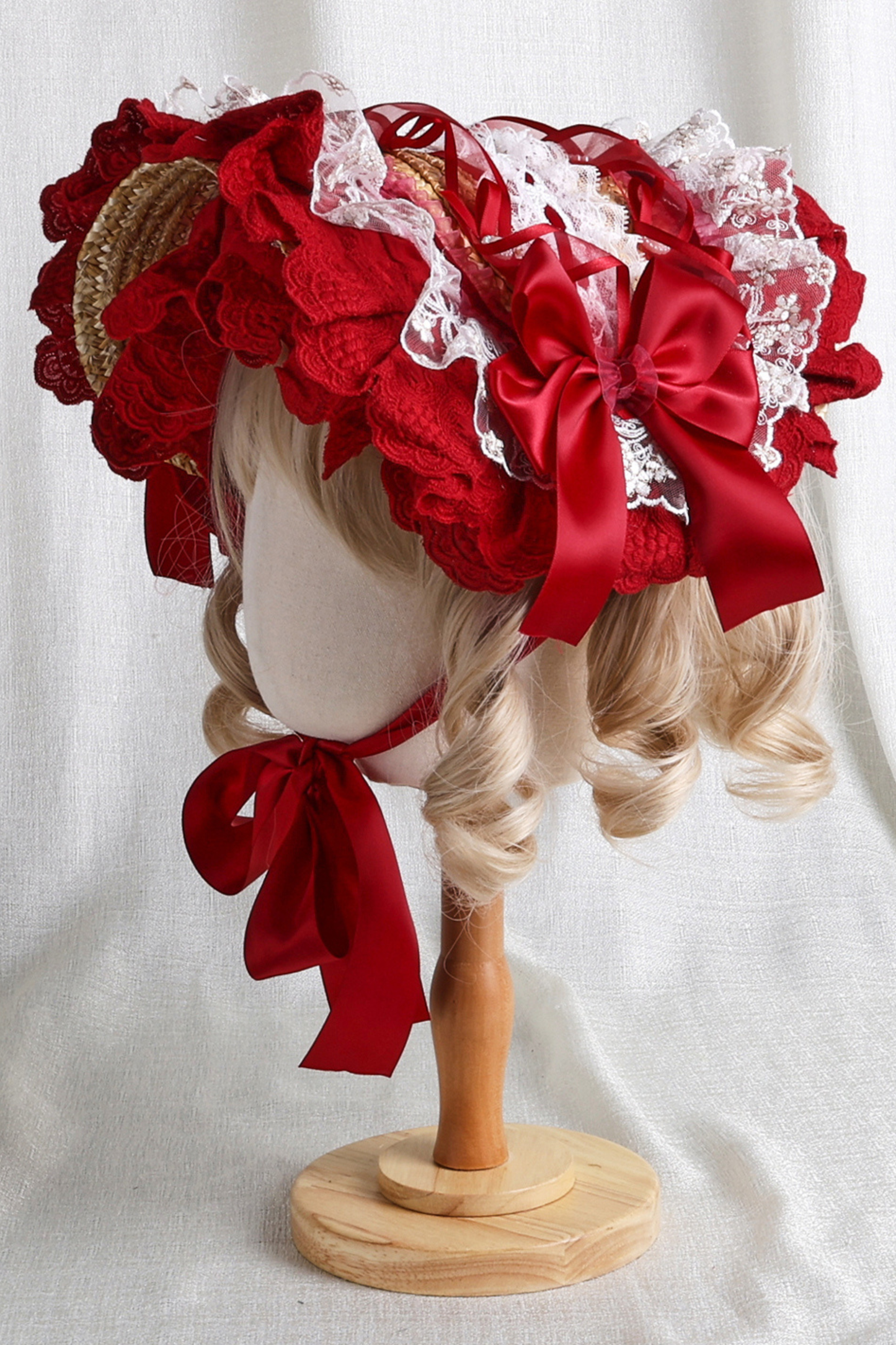 ローズレースロリータボンネット+ハット+ヘアバンド+クリップハット+クラウン
