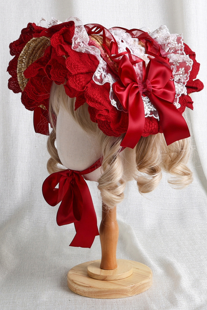 ローズレースロリータボンネット+ハット+ヘアバンド+クリップハット+クラウン