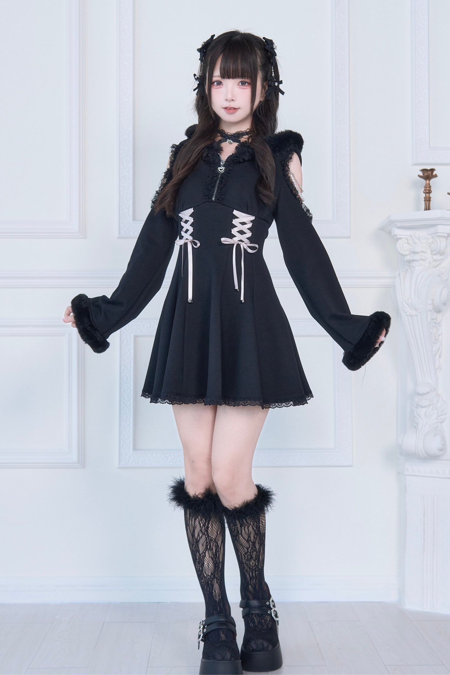 Lace-up Off-the-shoulder Fur Hooded Dress