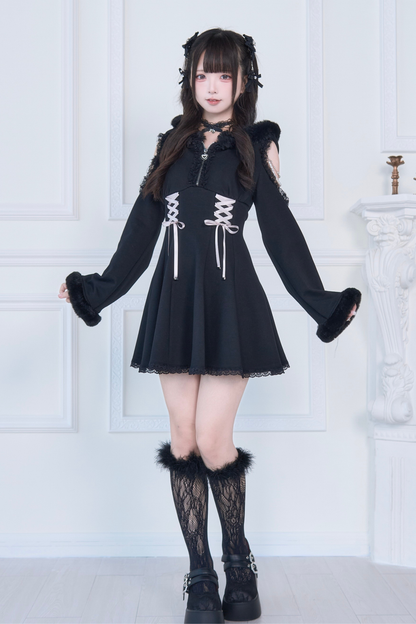 Lace-up Off-the-shoulder Fur Hooded Dress