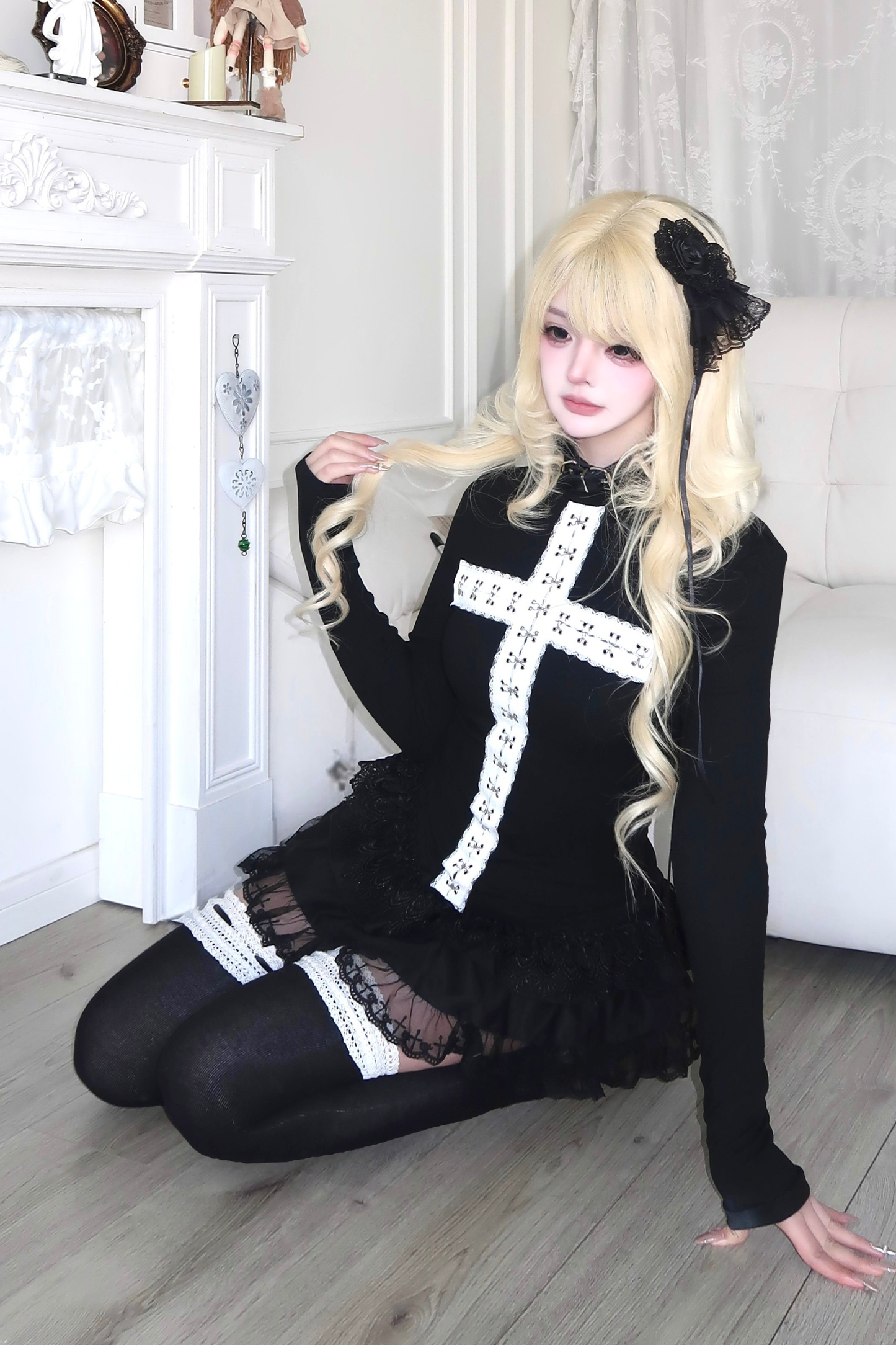 ゴシックレースクロストップス+スカート