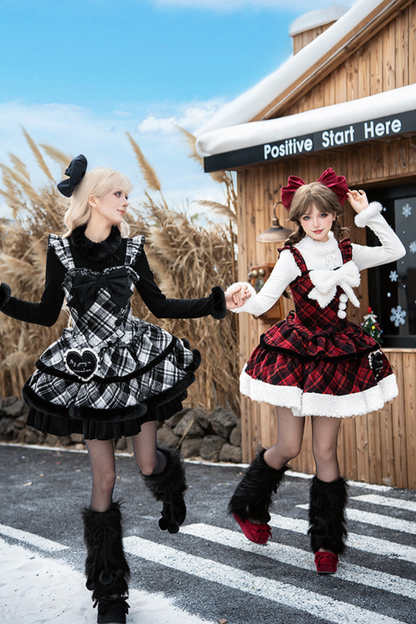 チェックドールジャンパースカート+リボンブローチ+ピン+ラブブローチ+ショール+トップス+レッグカバー