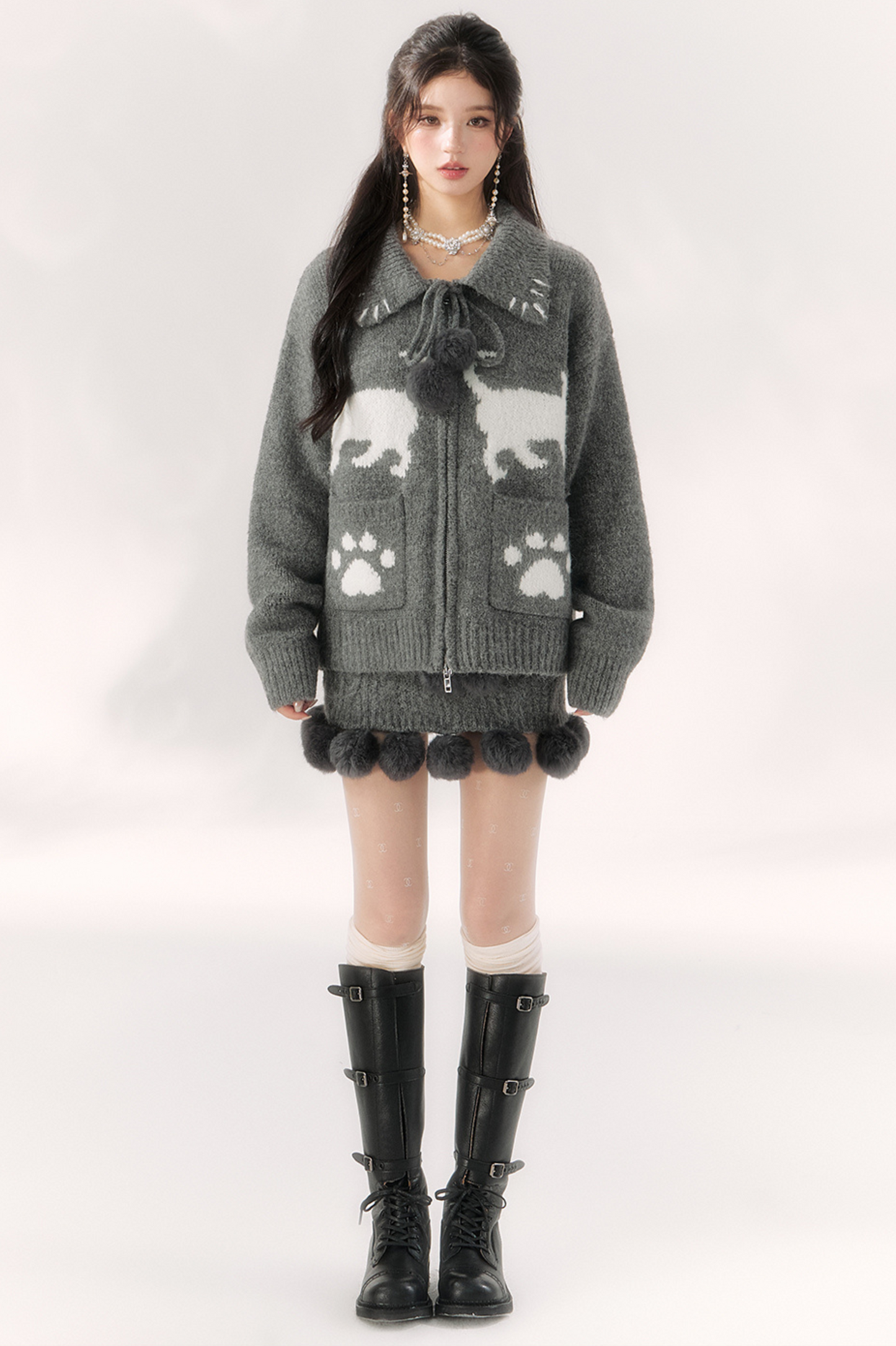 Cat Ball French Knit Sweater + Fur Skirt