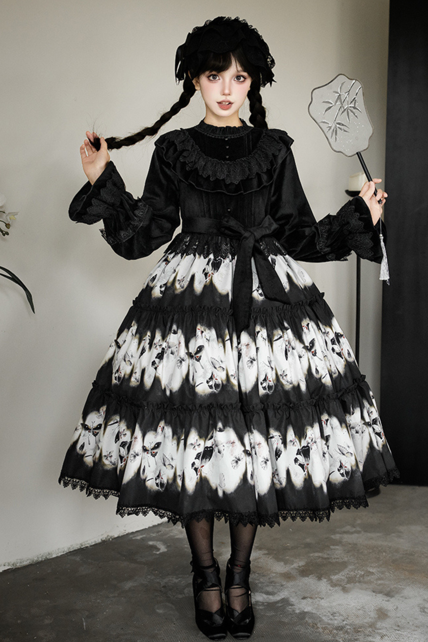 シックバタフライプリントスイングロリータドレス+ジャンパースカート+ヘアバンド+インナー+リボン