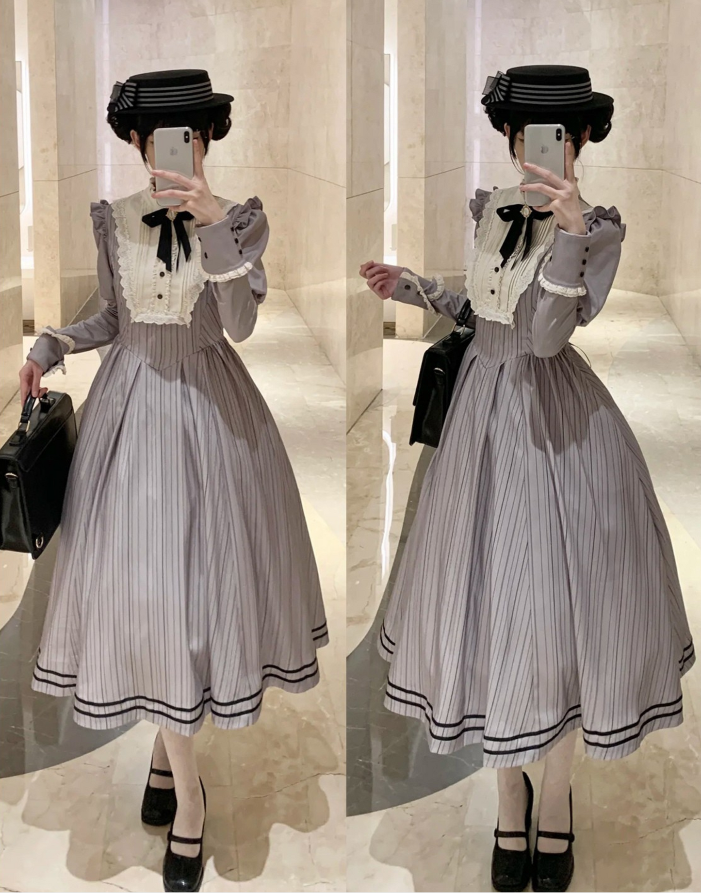 【8月18日予約締切】グレーストライプアンドフォググラデーションクラシカルドレス＋ハット＋ヘアクリップ